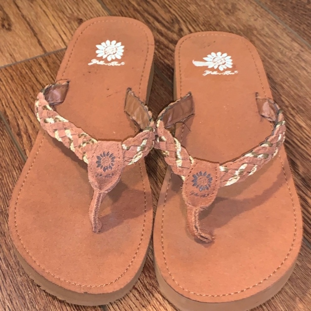 Yellow Box Tan Braided Thong Sandals with Sunflower Detail